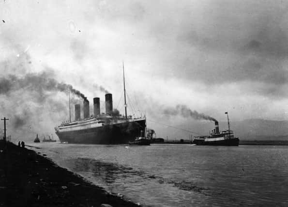 The SS 'Titanic', leaving Belfast to start her trials, pulled by tugs, shortly before her disastrous maiden voyage of April 1912.   (Photo by Topical Press Agency/Getty Images)