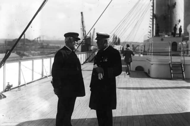 9th June 1911:  Lord Pirrie and Captain Smith, later captain of the ill-fated 'Titanic', aboard the White Star liner 'Olympic' at Southampton.  (Photo by Topical Press Agency/Getty Images)