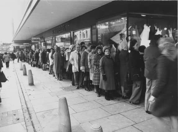 Part of a long queue for the sale at Schofields store in The Headrow, Leeds in 1976