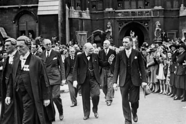 Winston Churchill leaves Parliament on VE Day.