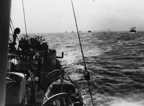 circa 1939:  A view from the destroyer 'Vanoe' of the merchant ships in an Atlantic convoy.  (Photo by Keystone/Getty Images)