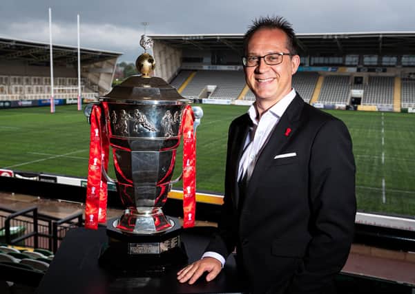 Jon Dutton (Chief Executive RLWC2021) and representatives pictured with the Rugby League World Cup Trophy(Picture: Alex Whitehead/SWpix.com)