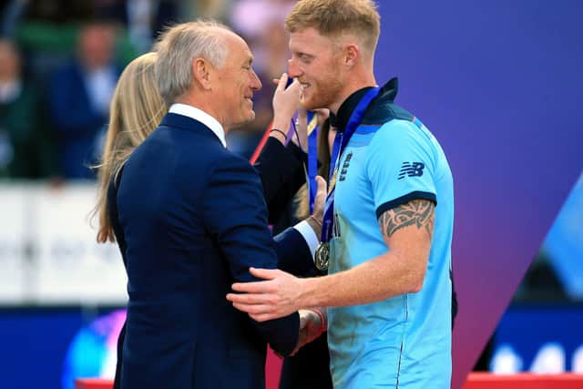 Colin Graves congratulates Ben Stokes after helping England win a thrilling World Cup Final against New Zealand at Lord's last year. Picture: Nick Potts/PA
