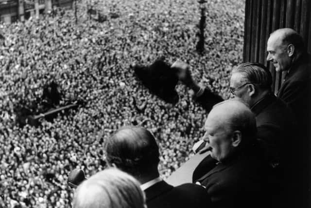 Winston Churchill addresses VE Day crowds in Whitehall.