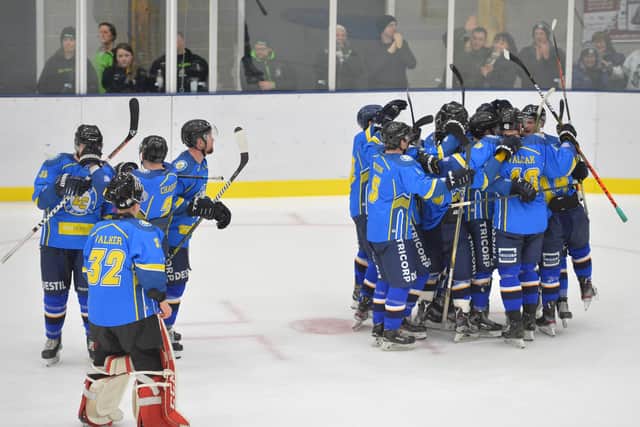 MORE OF THE SAME PLEASE: Leeds Chiefs' players celebrate their overtime against Hull Pirates at Elland Road last season. Picture courtesy of Dean Woolley.
