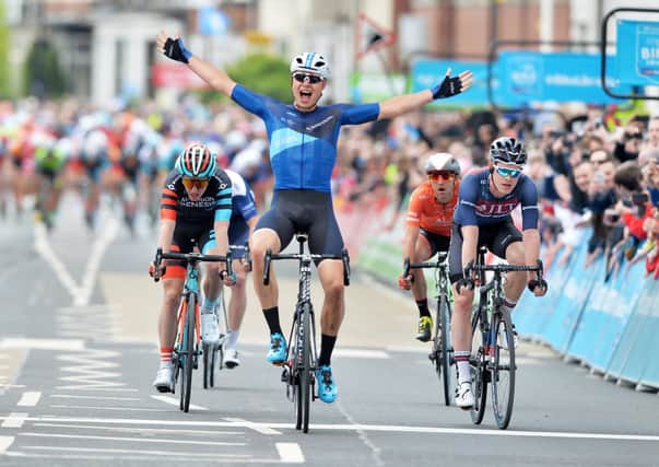 Done it: Harry Tanfield wins the  Tour de Yorkshire stage 1 in Doncaster in 2018.  Picture: Bruce Rollinson