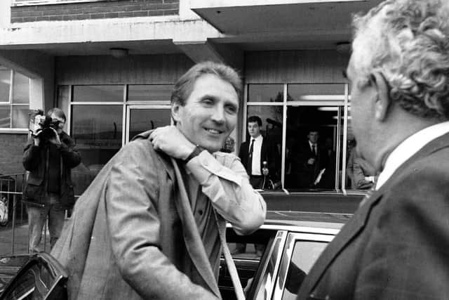 Howard Wilkinson arrives at Elland Road to be greeted by Leslie Silver to start his new job as manager in October 1988