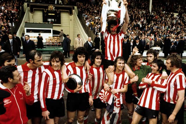 Shock: Sunderland captain Bobby Kerr held aloft by his team-mates Billy Hughes and goalkeeper Jim Montgomery.