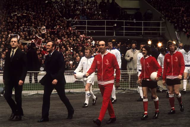 Final encounter: Managers Don Revie (Leeds), left, and Bob Stokoe (Sunderland), leading their teams onto the field. Pictures: PA