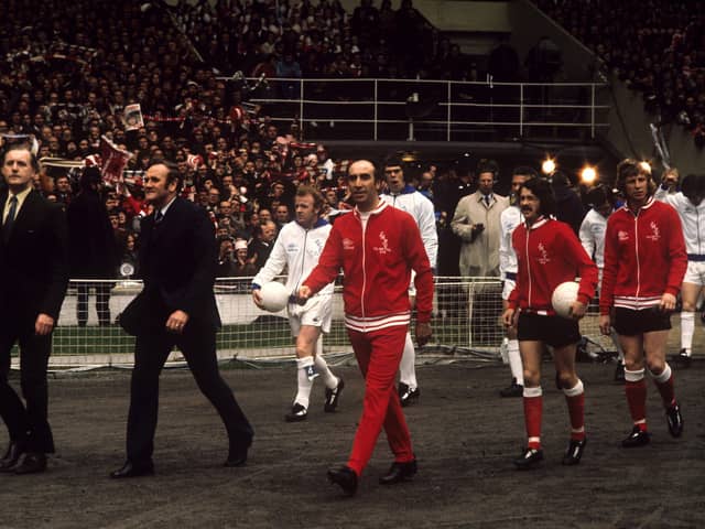 Final encounter: Managers Don Revie (Leeds), left, and Bob Stokoe (Sunderland), leading their teams onto the field. Pictures: PA