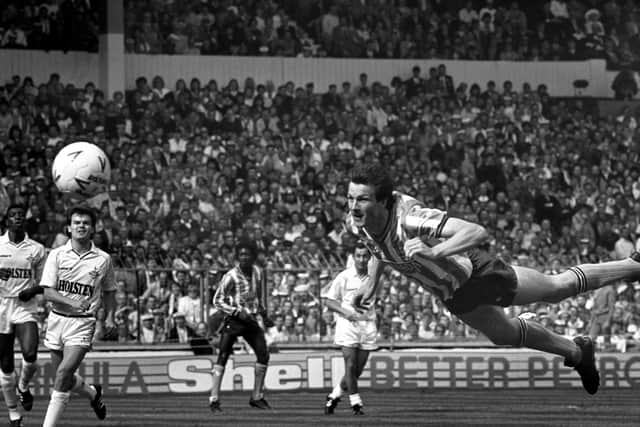 Stunner: Coventry City striker Keith Houchen scores with a diving header to level the score at 2-2 during the final against Tottenham Hotspur.