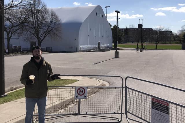 Andres Kopstals, pictured outside the Ted Reeve Arena ice rink, just 300 yards from his parents home Toronto home.