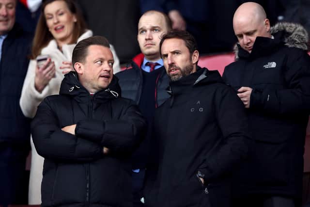 England manager Gareth Southgate (right) on a watching brief at Bramall Lane in February (Picture: PA)