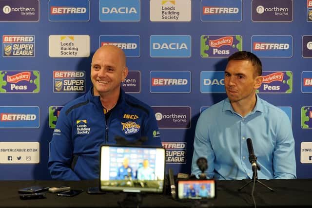 Richard Agfar, left, with Kevin Sinfield at a press conference last September to announce his appointment as coach on a one-year rolling contract. Picture by Simon Hulme.