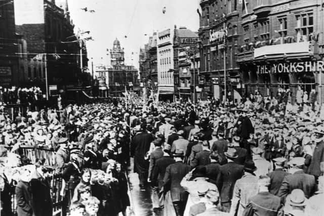 Crowds in Fargate Sheffield celebrate Victory in Europe May 1945