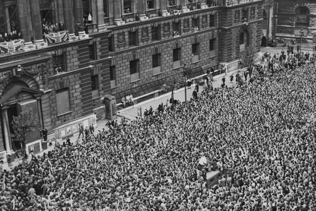 The orderly scene in Whitehall on VE Day in 1945.