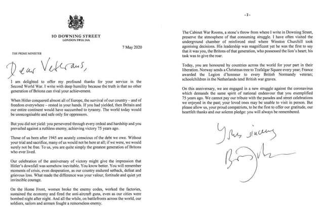 The letter written by Boris Johnson to veterans. Photo: No 10