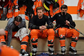 EXPERIENCED: Aaron Johnson, centre, in the Sheffield Steelers' locker room during an Elite League game last season. Picture courtesy of Dean Woolley.
