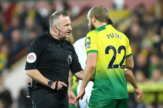 Quiet word: Norwich City's Teemu Pukki speaks with referee Jon Moss.