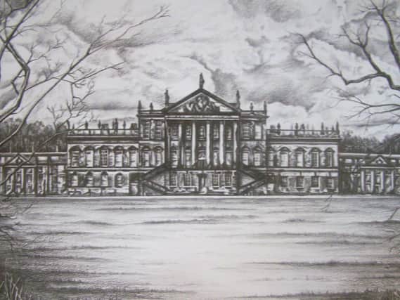A pencil drawing of the East Front by Lisa Smith, from Swinton