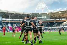 BRING THEM BACK: Hull FC's Jamie Shaul is congratulated on his try against Catalans. Airlie Birds owner Adam Pearson believes the KCOM Stadium could cater for the return of fans from the beinning of July. Picture by Allan McKenzie/SWpix.com