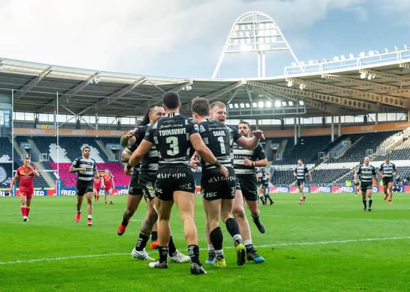 BRING THEM BACK: Hull FC's Jamie Shaul is congratulated on his try against Catalans. Airlie Birds owner Adam Pearson believes the KCOM Stadium could cater for the return of fans from the beinning of July. Picture by Allan McKenzie/SWpix.com
