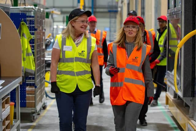 L&G modular homes factory CEO Rosie Toogood, left, with former housing minister Esther McVey