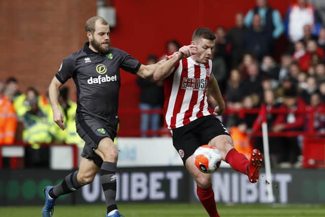Sheffield United's Jack O’Connell clears under pressure from Teemu Pukki of Norwich City at Bramall Lane on March 7, the last time the Premier League played a round of games. Picture: Simon Bellis/Sportimage
