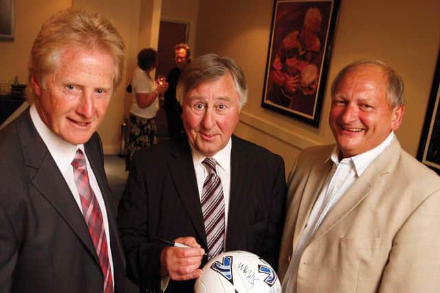 Right-hand men: Manager Mick Buxton with Keith Hanvey, left,  and Steve Kindon, right.