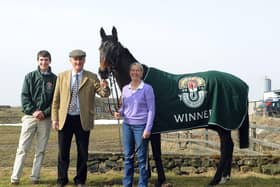 Auroras Encore on the morning after the Grand National iwn with Sue and Harvey Smith, plus jockey Ryan Mania. Photo: Gerard Binks.