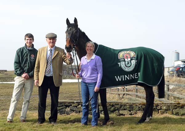 Auroras Encore on the morning after the Grand National iwn with Sue and Harvey Smith, plus jockey Ryan Mania. Photo: Gerard Binks.
