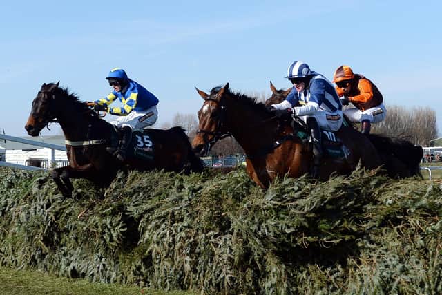 Ryan Mania and Auroras Encore (left) jump to the front at the last fence  in the 2013 Grand National.
