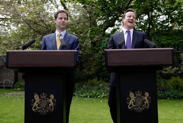 David Cameron and Nick Clegg hold their first joint press conference in the Downing Street garden on May 12, 2010. Picture: Christopher Furlong/PA Wire