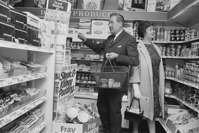 James Callaghan (Baron Callaghan of Cardiff) (1912 - 2005) and his wife Audrey (Audrey Callaghan, Baroness Callaghan of Cardiff) (1915 - 2005) shopping in an experimental decimal coinage supermarket, 12th May 1967. (Photo by Albert McCabe/Express/Hulton Archive/Getty Images)