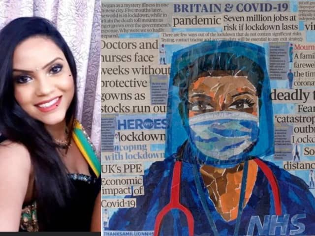 Doctor Anneka Biswas-Abrol and the artwork depicting her in PPE