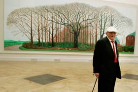 LONDON - MAY 25:  Artist David Hockney poses infront of his work "Bigger Trees Near Warter" at the Royal Academy of Art on May 25, 2007 in London.  (Photo by Bruno Vincent/Getty Images)