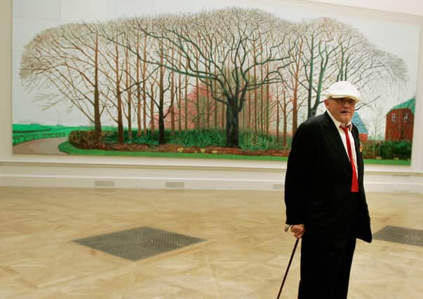 LONDON - MAY 25:  Artist David Hockney poses infront of his work "Bigger Trees Near Warter" at the Royal Academy of Art on May 25, 2007 in London.  (Photo by Bruno Vincent/Getty Images)