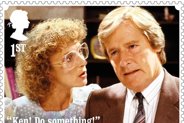 Deirdre and Ken Barlow on one of a series of Coronation Street stamps created to mark the show's 60th anniversary. Photo: Royal Mail//PA