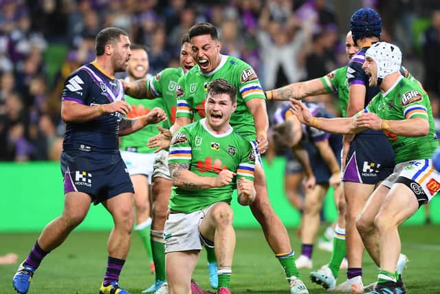 MELBOURNE, AUSTRALIA - SEPTEMBER 14: John Bateman of the Raiders scores a try during the NRL Qualifying Final match between the Melbourne Storm and the Canberra Raiders at AAMI Park on September 14, 2019 in Melbourne, Australia. (Photo by Quinn Rooney/Getty Images)