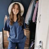 Laura Sedman of Laurelle Woman tries out her scrubs.