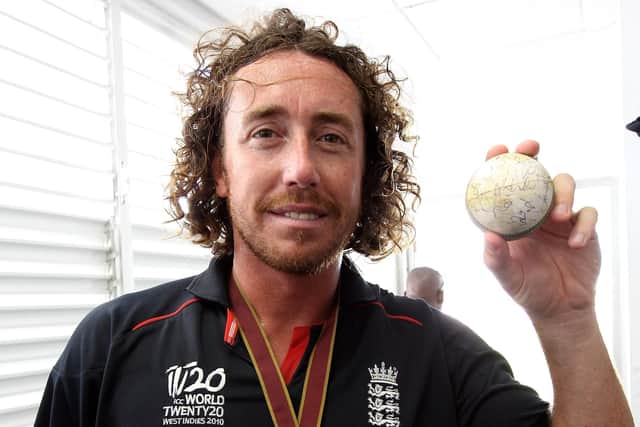 BRIDGETOWN, BARBADOS - MAY 16:  England player Ryan Sidebottom with the match ball in the teams dressing room after his teams victory against Australia in the final of the ICC World Twenty20 played at the Kensington Oval on May 16, 2010 in Bridgetown, Barbados.  (Photo by Julian Herbert/Getty Images)