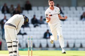 Present and future: Yorkshire’s Matthew Fisher celebrates taking the wicket of Kent’s Daniel Bell-Drummond. (Picture: SWPix.com)