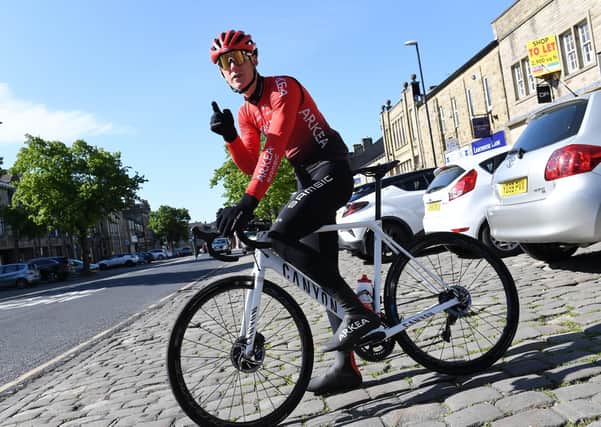On your bike: Connor Swift gets ready to depart Skipton on day two of his Tour de Yorkshire jaunt. (Picture: Simon Wilkinson/SWPix.com)