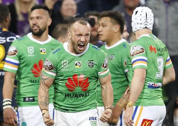 MELBOURNE, AUSTRALIA - SEPTEMBER 14: Josh Hodgson of the Raiders reacts as his team wins back the ball during the NRL Qualifying Final match between the Melbourne Storm and the Canberra Raiders at AAMI Park on September 14, 2019 in Melbourne, Australia. (Photo by Darrian Traynor/Getty Images)