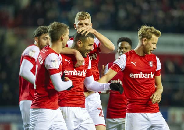 RIVALS: Rotherham United celebrate a goal in the game against Peterborough United earler this season. Picture: Scott Merrylees