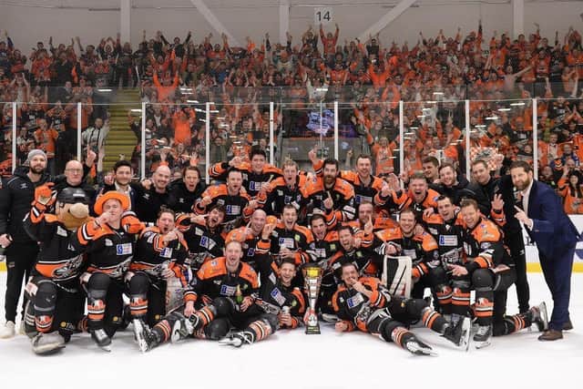Sheffield Steelers celebrate their Challenge Cup win in Cardiff back in March. Picture: EIHL.