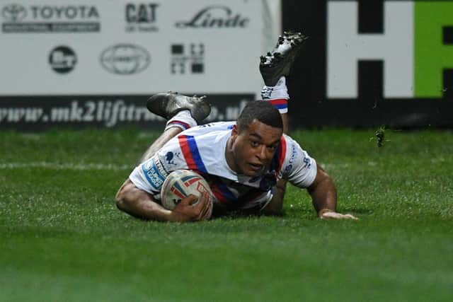 Coral Challenge Cup. Wakefield Trinity v Bradford Bull RLFC. Wakefield's Reece Lyne scores. Picture Jonathan Gawthorpe 13th March 2020.