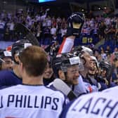 MAGIC MOMENT: Sheffield Steelers' Robert Dowd and Davey Phillips celebrate their win over France in Kosice last May. Picture: Dean Woolley.