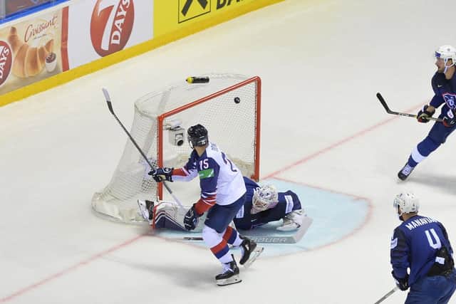 Robert Dowd gets GB on the board against France to make it 3-1 in the 35th minute in Losice last May. Picture: Dean Woolley.