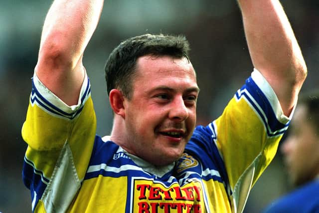Garry Schofield of Leeds R.L. PICTURED CELEBRATING VICTORY OVER FEATHERSTONE IN SEMI FINAL MARCH 95